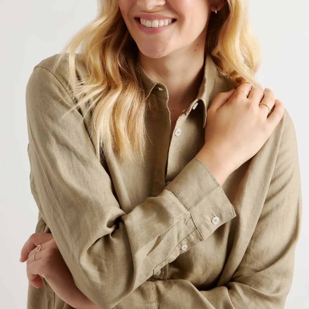 NWT Quince European Linen Long Sleeve Button Down Shirt Neutral Olive Large